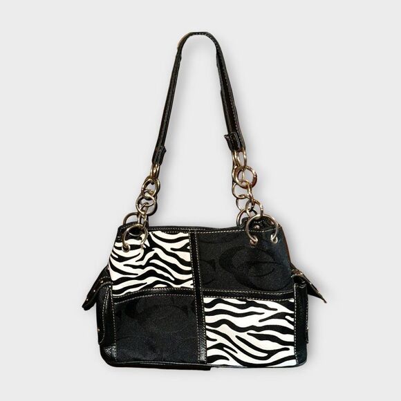 Zebra Striped Block Pattern Shoulder Bag Black and White - Picture 1 of 13